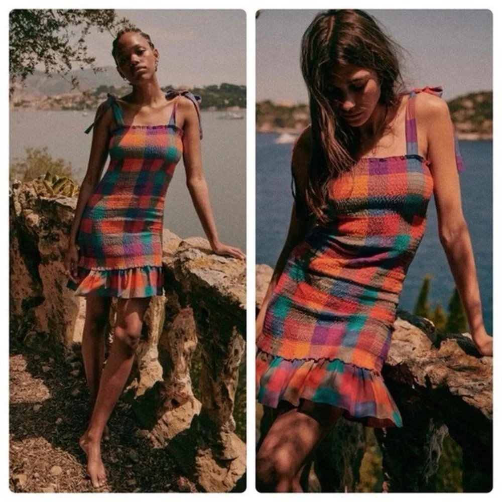 Sezane Multicolor Plaid Mini Dress - Orange, Pink, Blue, Green, Purple - Picture 1 of 11